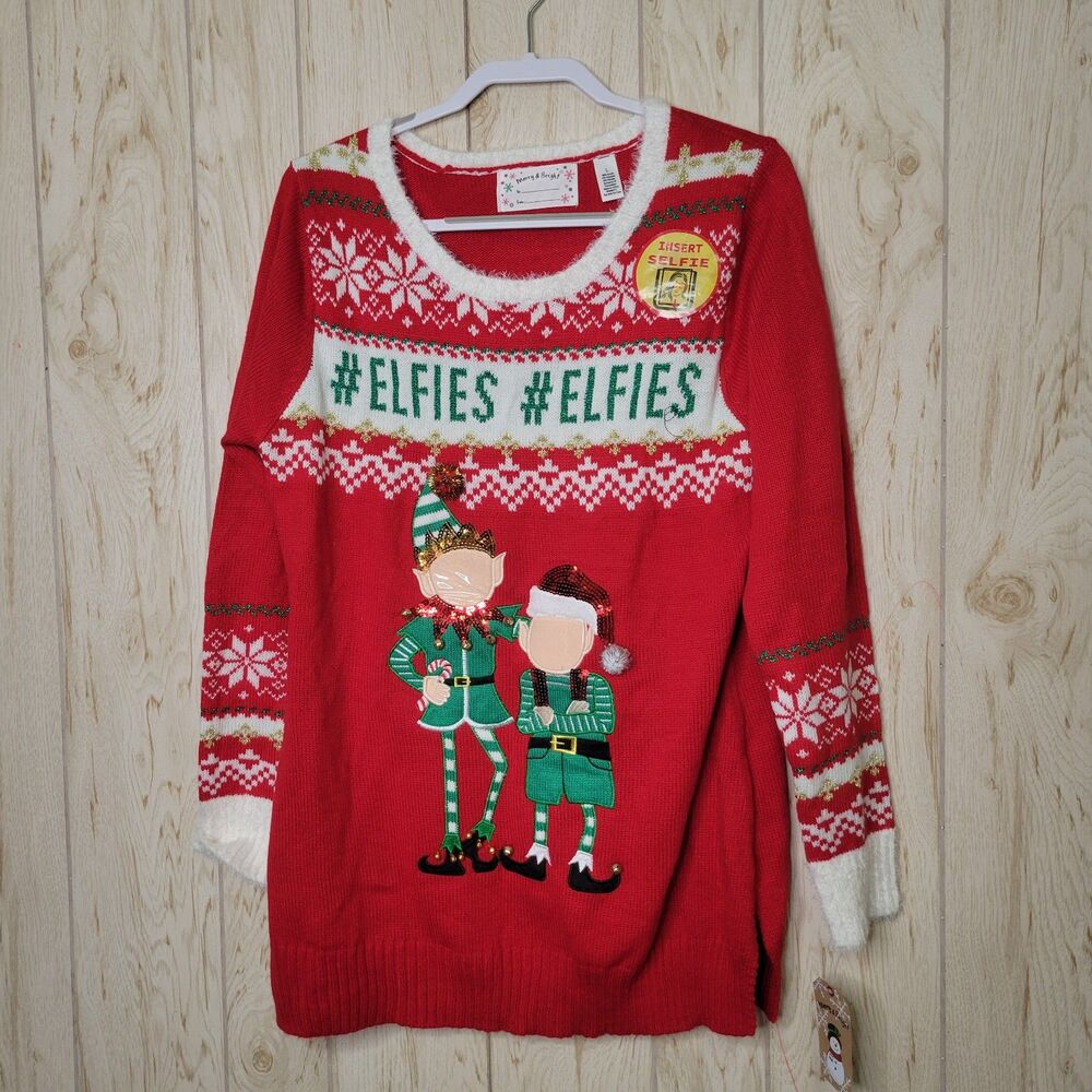 Merry & Bright Elfies Ugly Christmas Knitted Sweater L